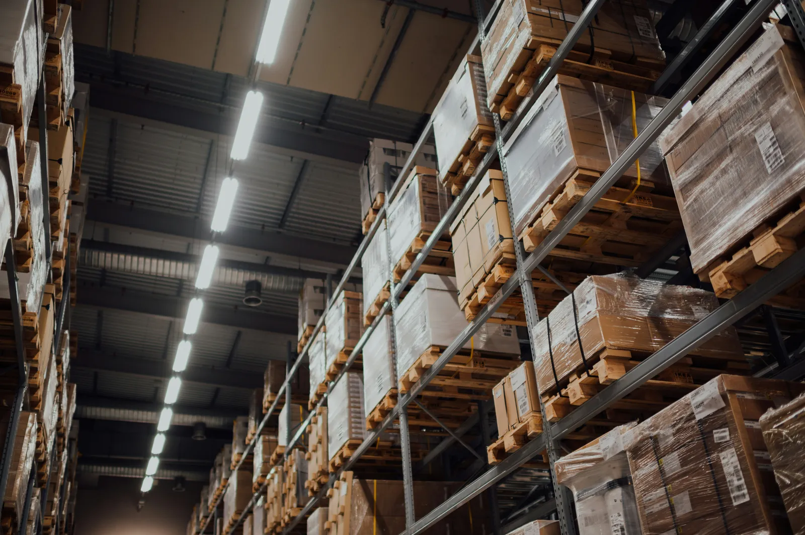 Warehouse shelves stacked with inventory